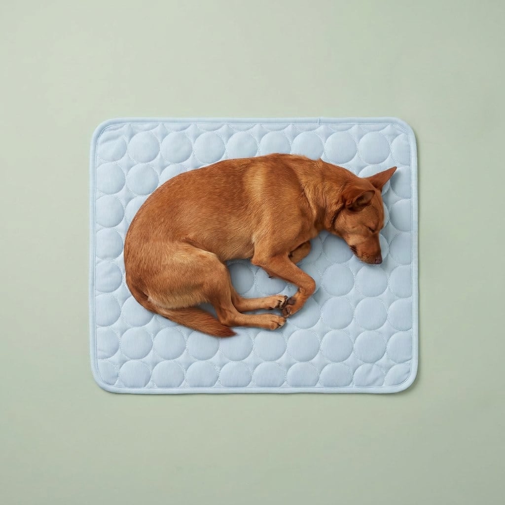A dog curled up asleep on the light blue Coolmutt cooling mat