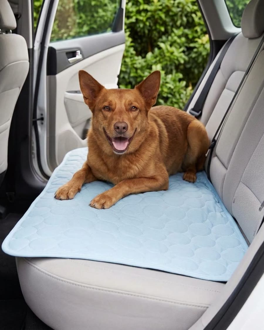 A dog on the mat across a car back seat