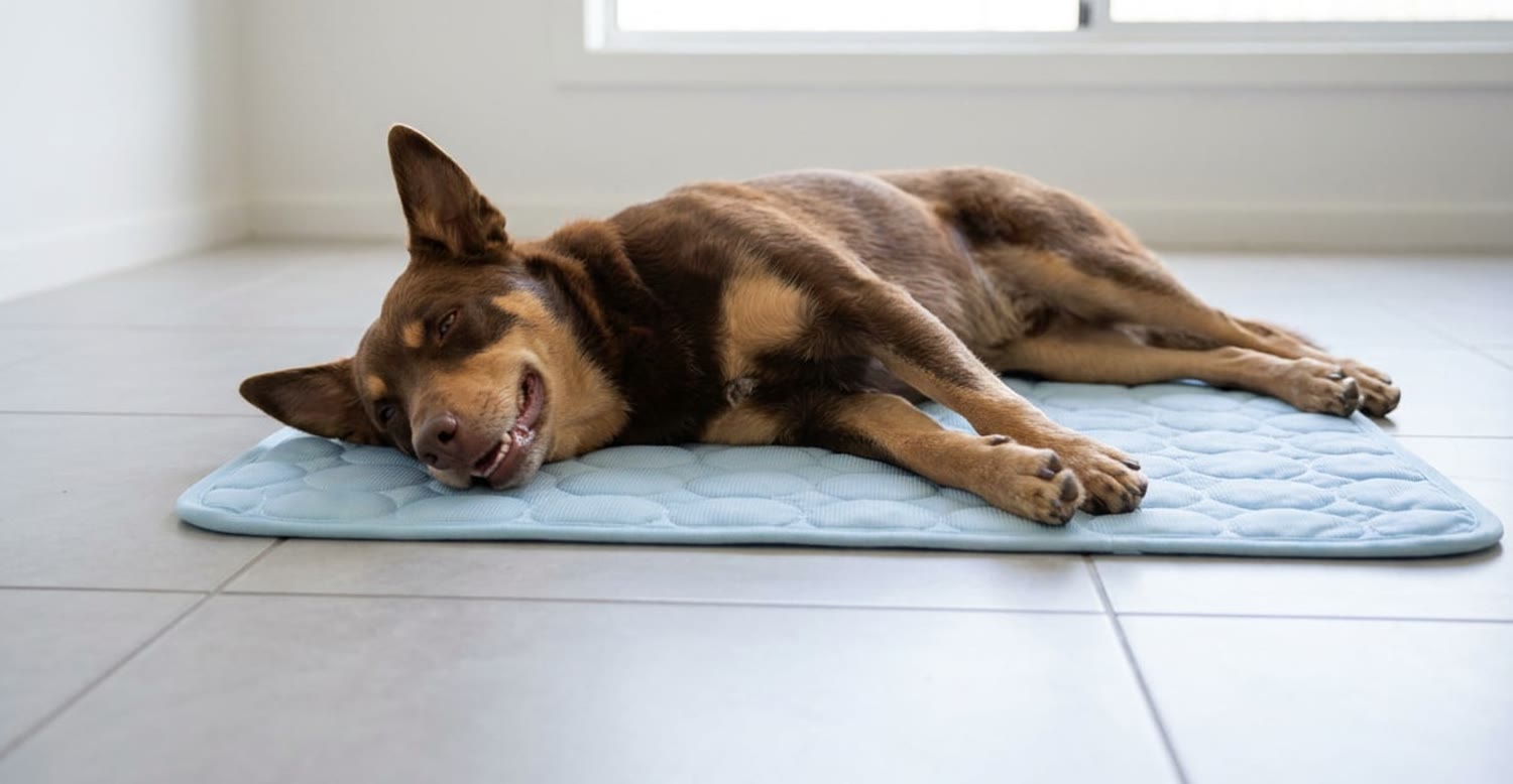 A kelpie resting on the cooling mat