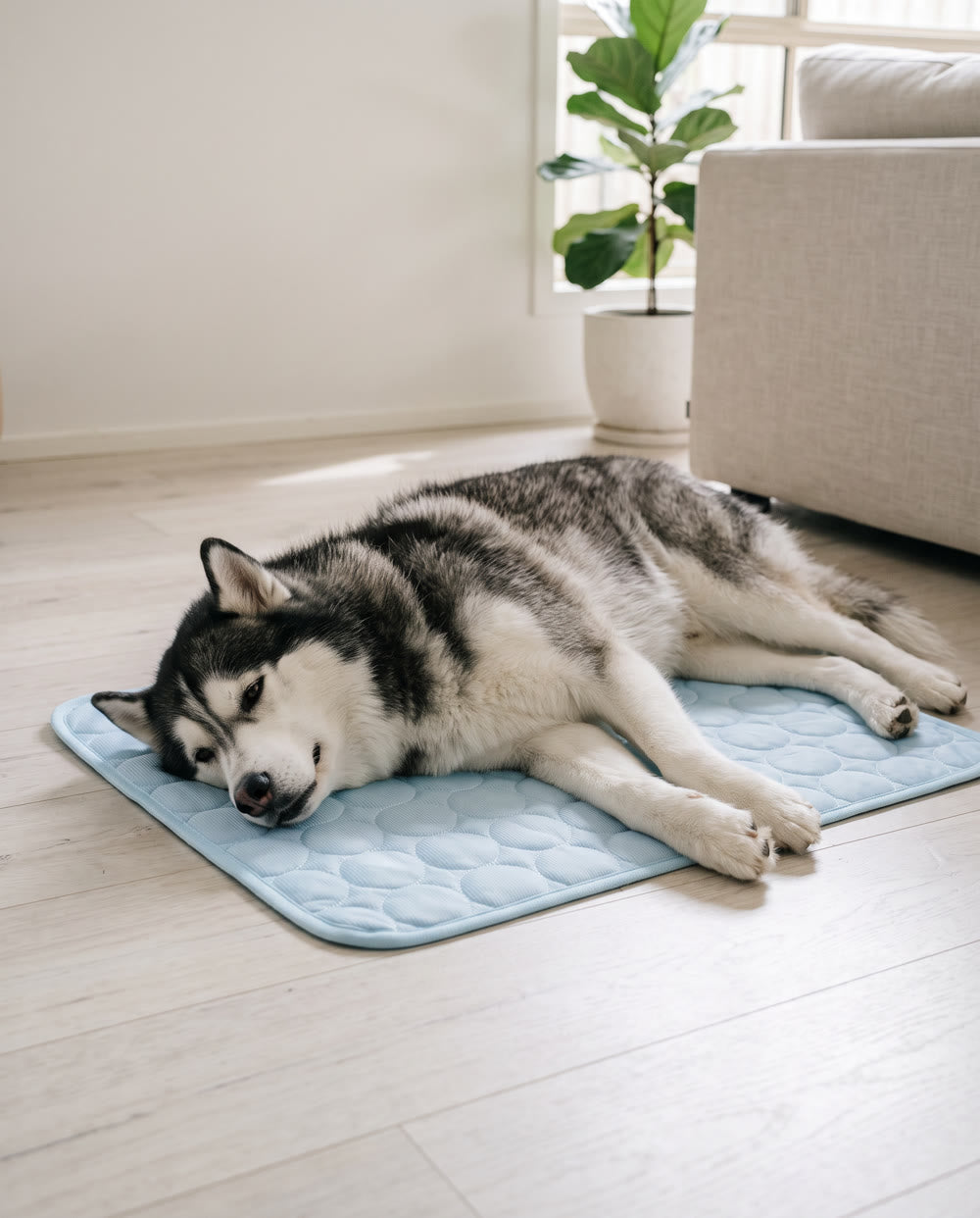 A husky stretched out on the mat
