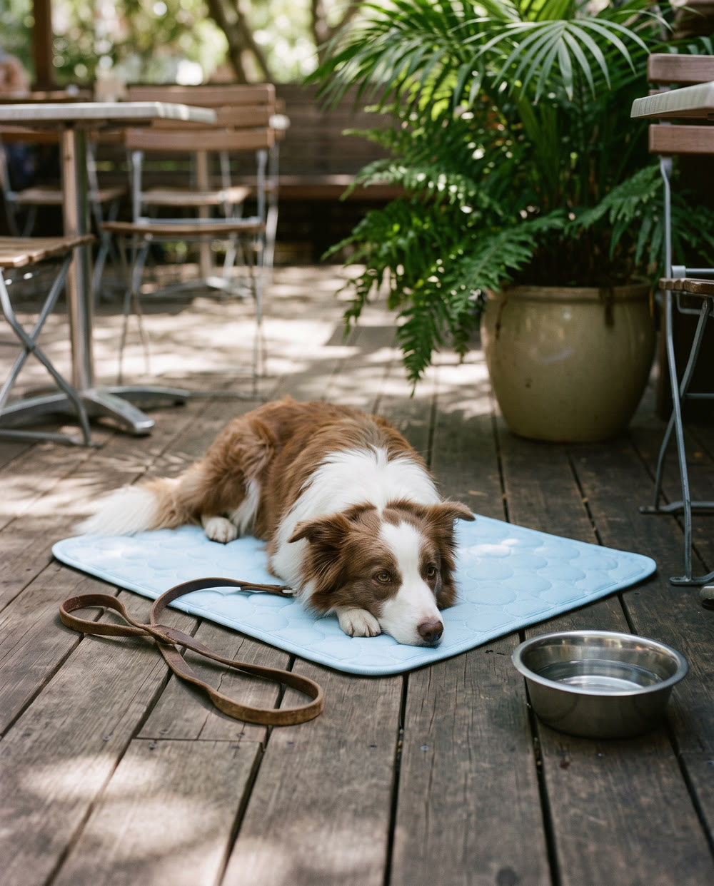 A border collie on the mat at a shaded café