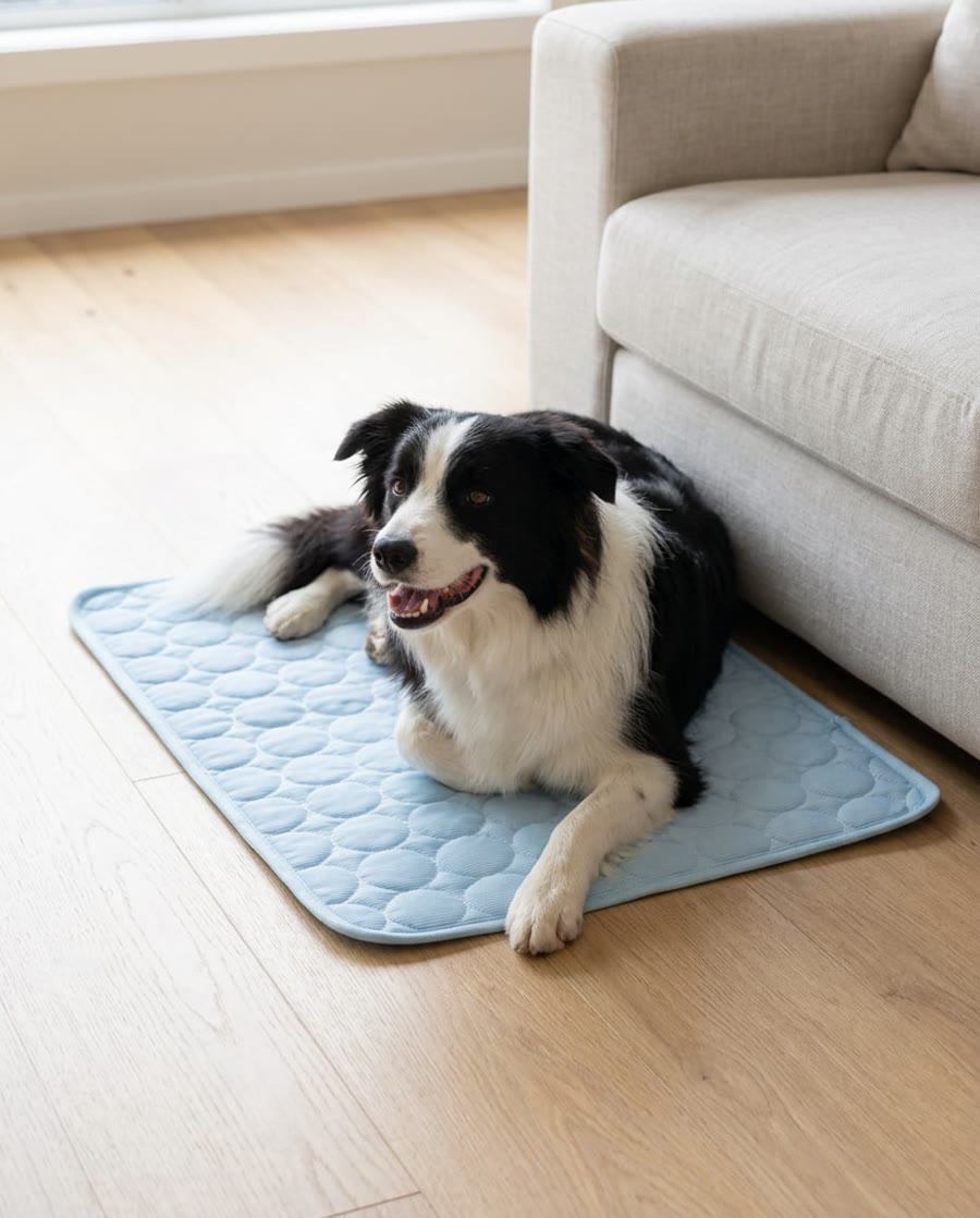 A Border Collie on the mat beside the sofa at home