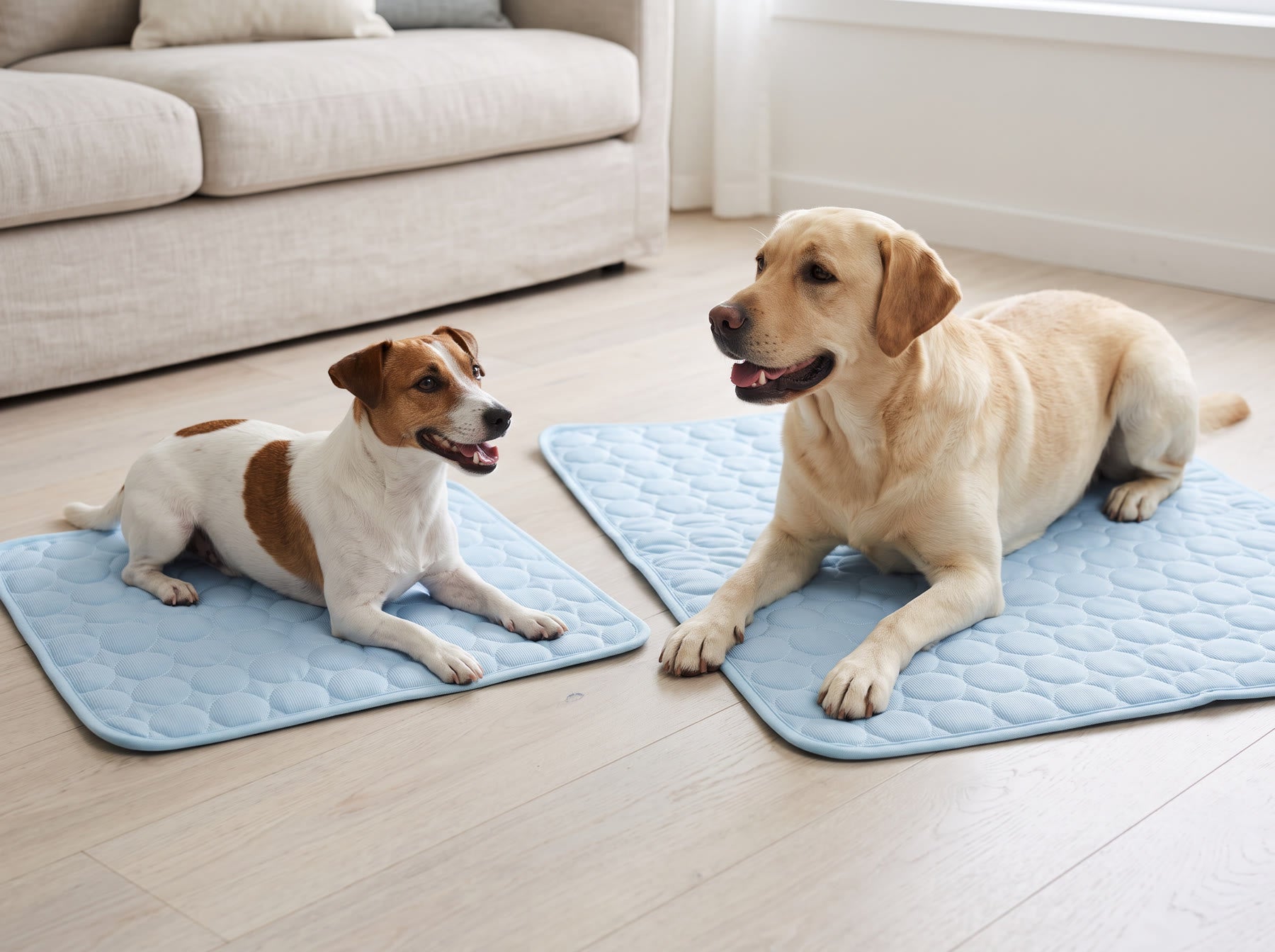 A Jack Russell and a Labrador lying on Coolmutt cooling mats in a living room