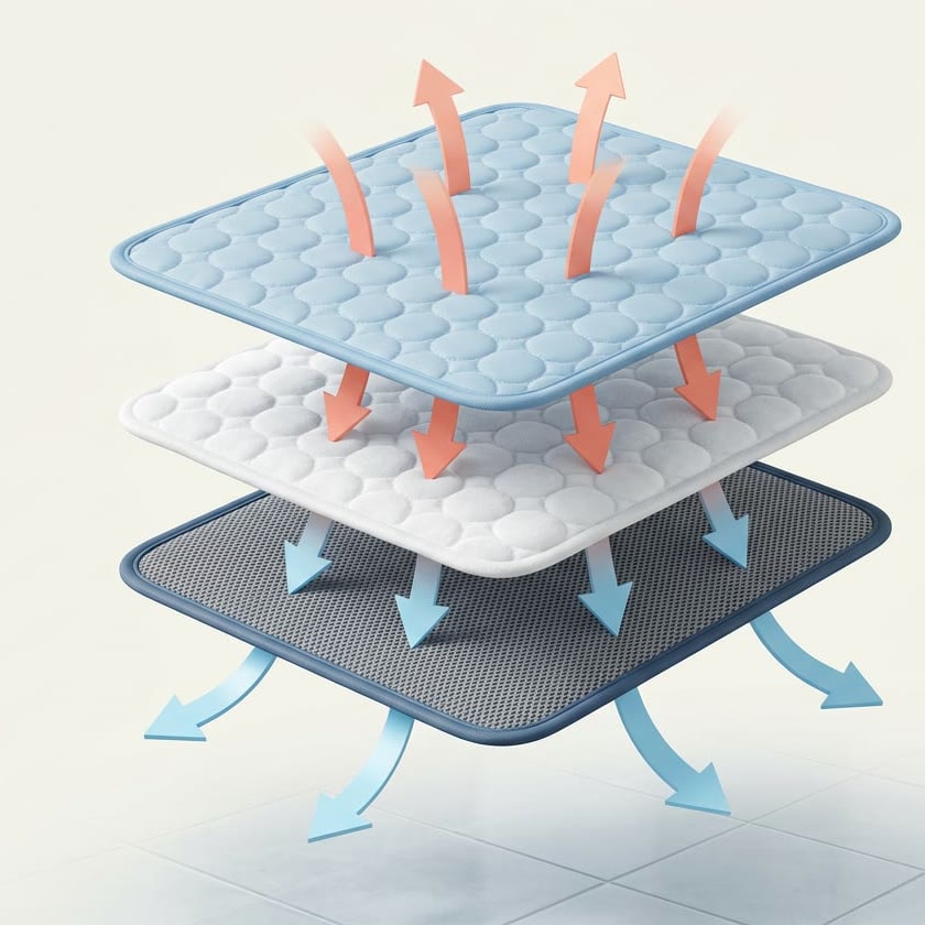 Cutaway of the mat's three layers: ice-silk top, quilted padding and mesh underside, with arrows showing heat moving down and out into the floor