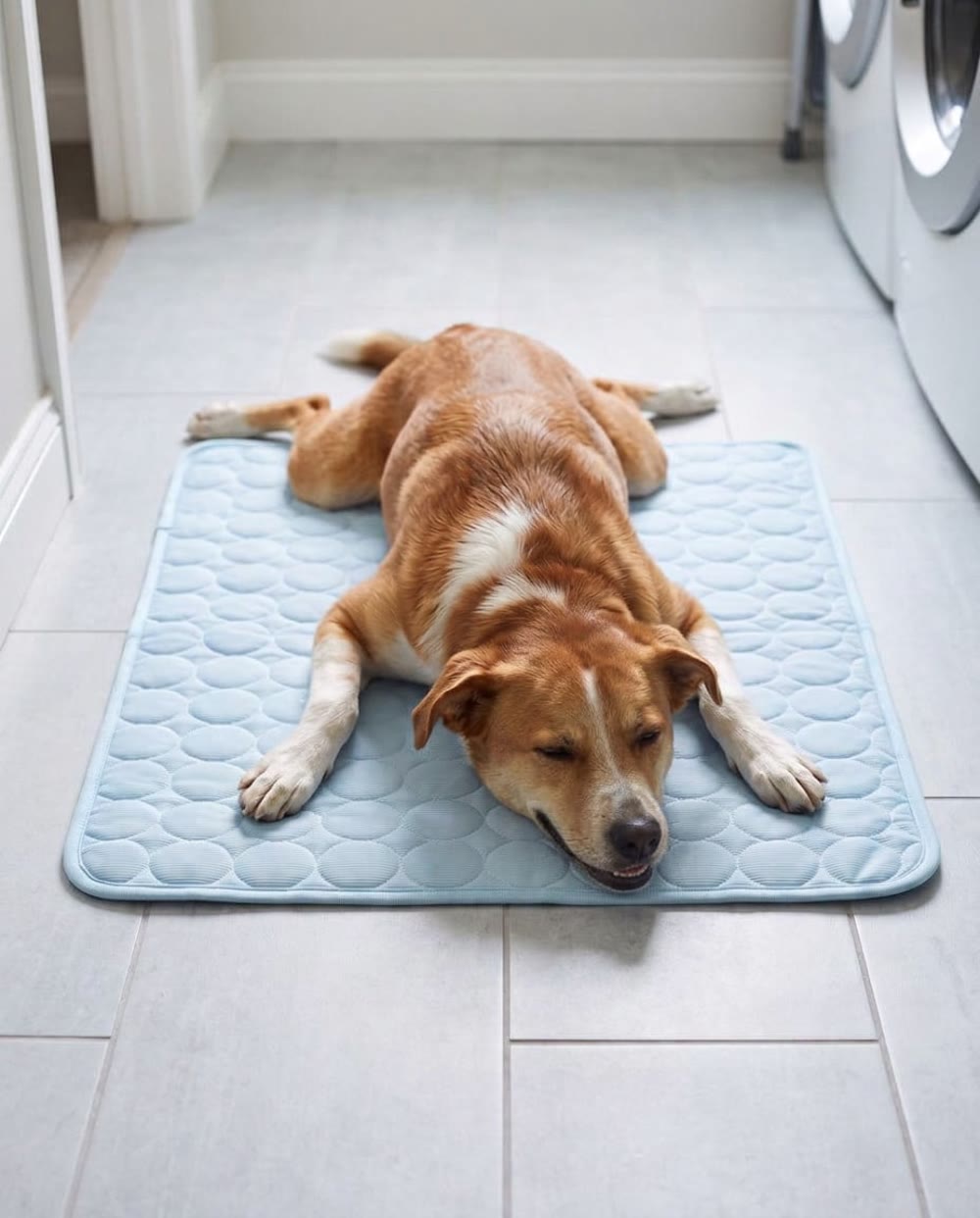 A dog sprawled on the mat on cool tiles