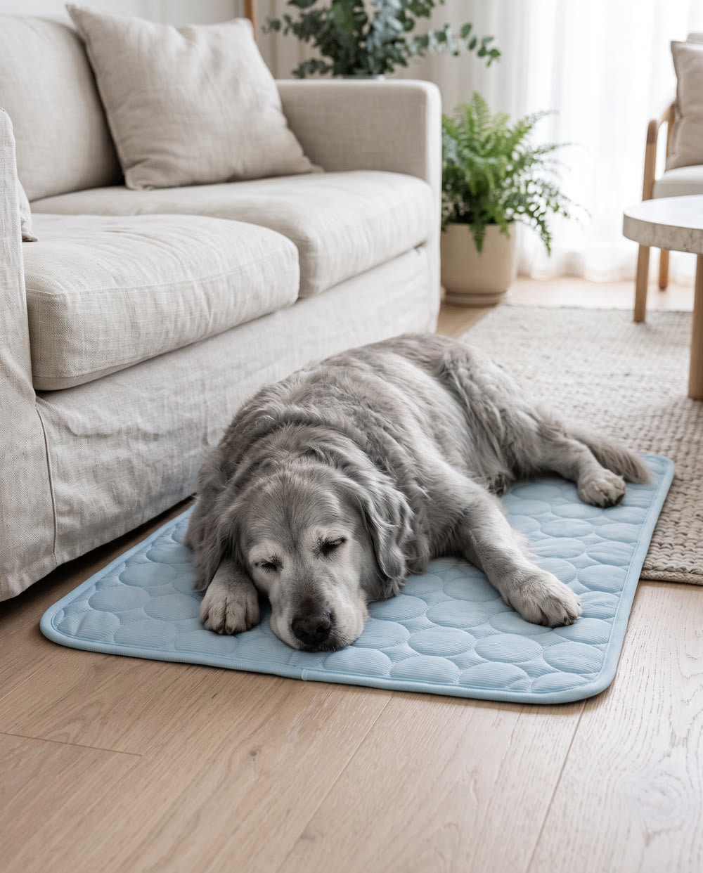 A senior golden retriever asleep on the mat